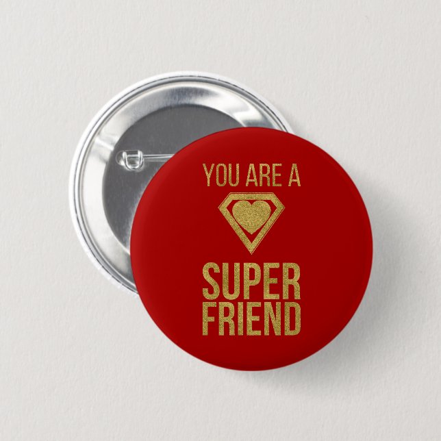 Badge Rond 5 Cm Gold Superhero Friend Valentine Button Rouge (Devant & derrière)