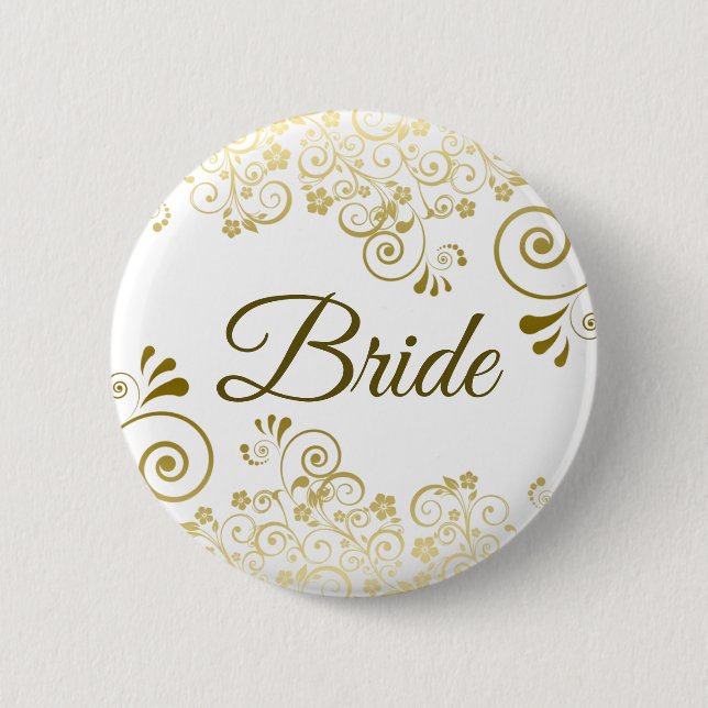 Badge Rond 5 Cm Gold & White Ornate Filigree Élégante Mariée (Devant)
