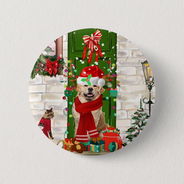 Badge Rond 5 Cm Golden Retriever Chien Noël (Devant)