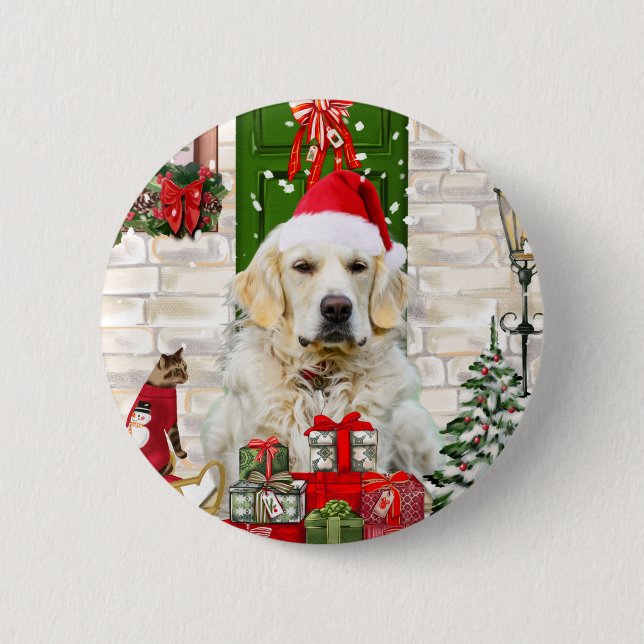 Badge Rond 5 Cm Golden Retriever Chien Noël (Devant)