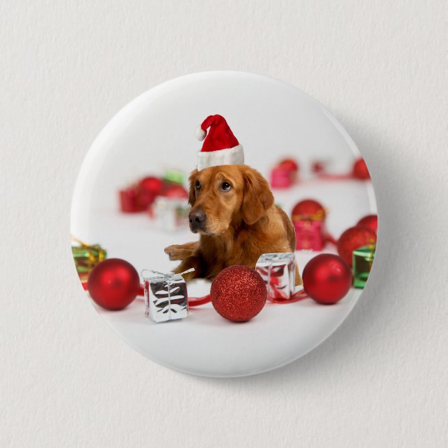 Badge Rond 5 Cm Golden Retriever Chien W Red Santa Chapel Noël (Devant)