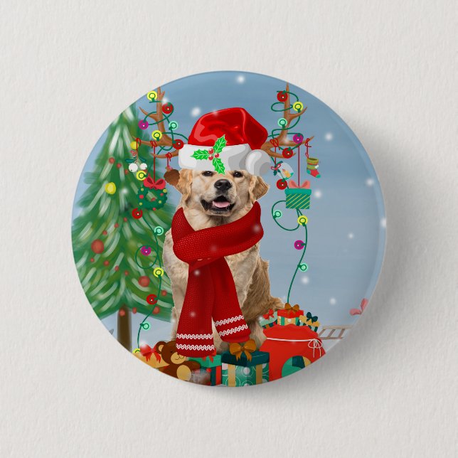 Badge Rond 5 Cm Golden Retriever Dog en neige avec cadeaux de Noël (Devant)
