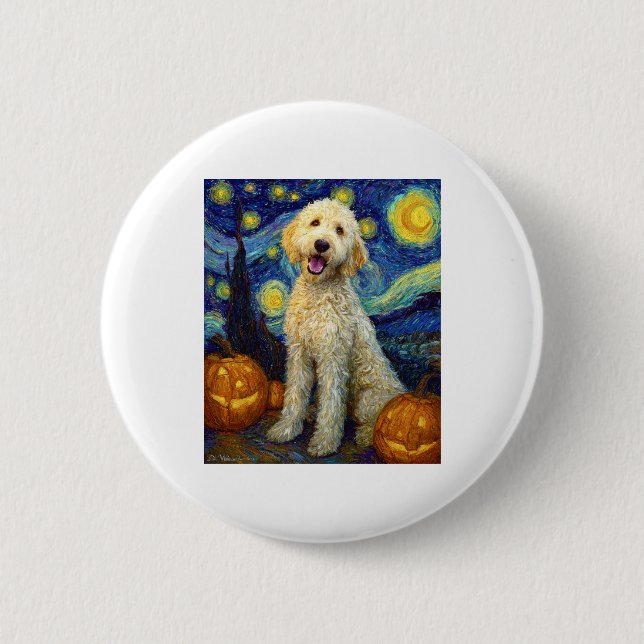 Badge Rond 5 Cm Goldendoodle mignon chien Halloween Jack-o'-lanter (Devant)