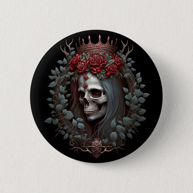 Badge Rond 5 Cm Goth Crâne Rose Couronne gothique (Devant)