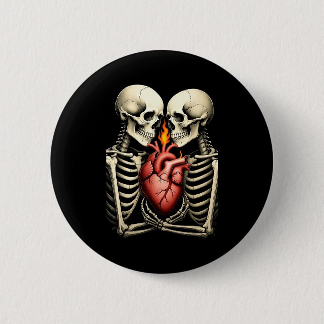 Badge Rond 5 Cm Gothic Skull Couple Flaming Heart Dark Romance Sty (Devant)