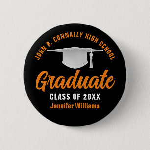 Badge Rond 5 Cm Graduation Black Orange Personnalisée 2025 Graduat
