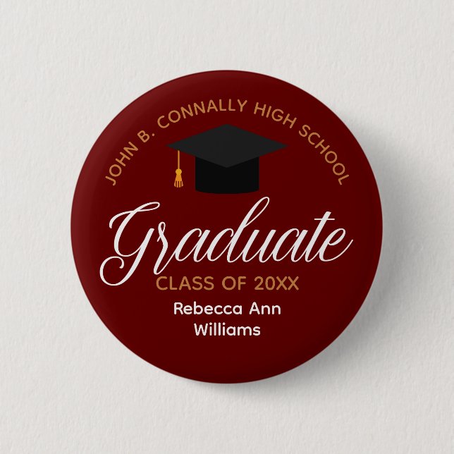Badge Rond 5 Cm Graduation Maroon Personnalisée 2025 Graduate (Devant)