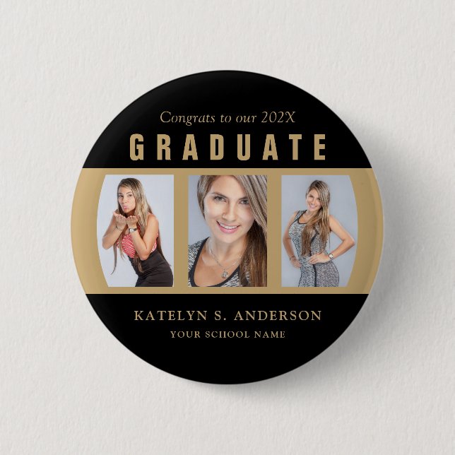 Badge Rond 5 Cm Graduation Photo Collage Black and Gold Custom (Devant)