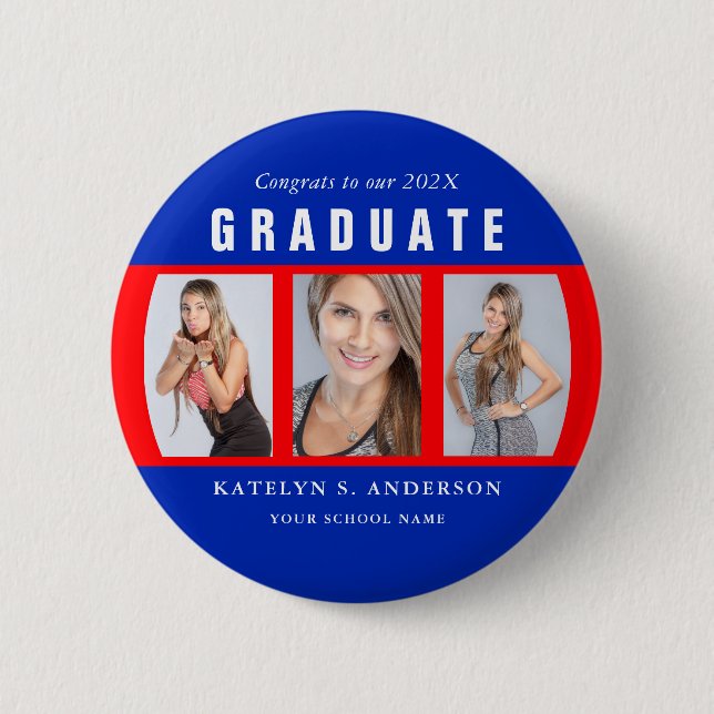 Badge Rond 5 Cm Graduation Rouge et Bleu Photo Collage personnalis (Devant)