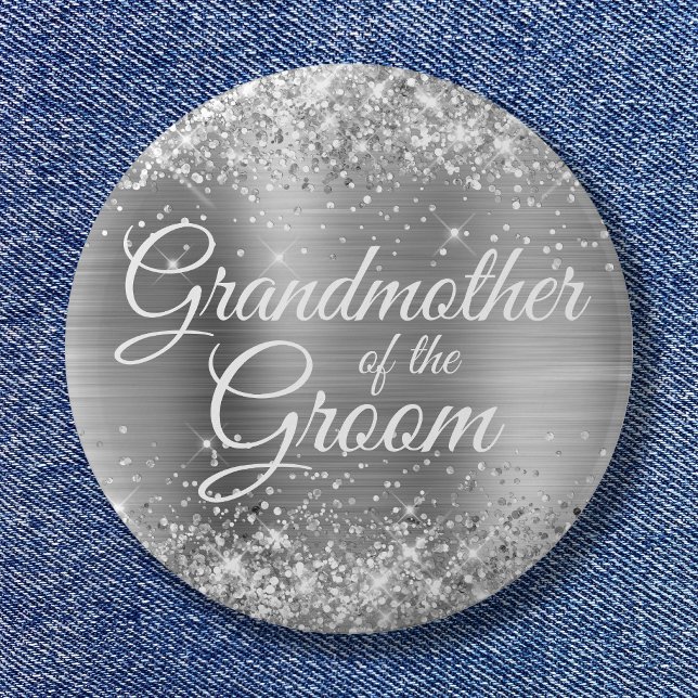 Badge Rond 5 Cm Grand-mère de la Glitterie Groom Silver Foil (Grandmother of the Groom Glittery Silver Foil Button)