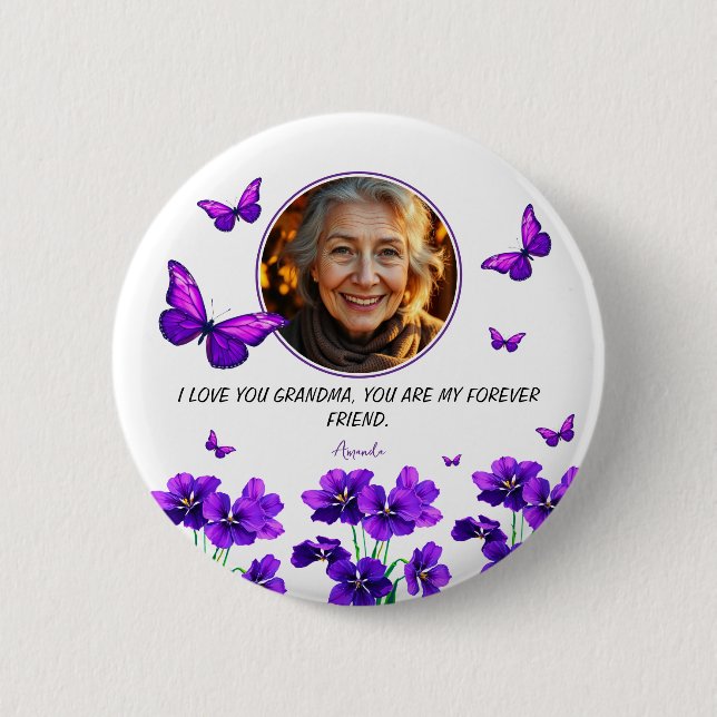 Badge Rond 5 Cm Grand-mère de papillon violet floral (Devant)