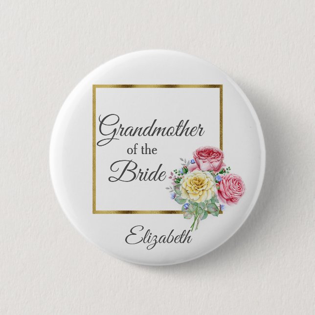 Badge Rond 5 Cm Grand-mère florale rose et jaune de la mariée (Devant)