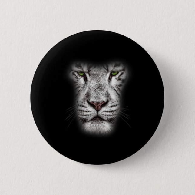 Badge Rond 5 Cm Grand Visage de Lion Chat Avec Les Yeux Vert Foncé (Devant)