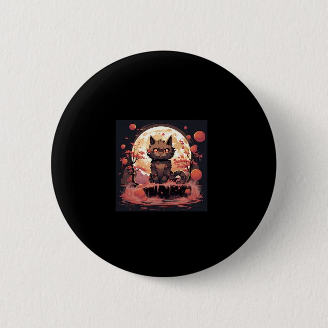 Badge Rond 5 Cm Grande vague et Sakura_ Halloween Art Chat Noir (Devant)