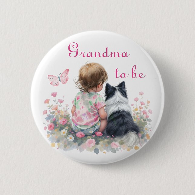 Badge Rond 5 Cm Grandma to be | Pink Baby and Puppy Baby Shower (Devant)