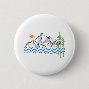 Badge Rond 5 Cm graphisme de randonnée et de camping en montagne