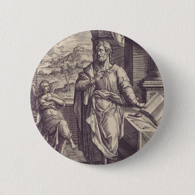 Badge Rond 5 Cm Gravure de saint Matthieu, inspiration divine (Devant)