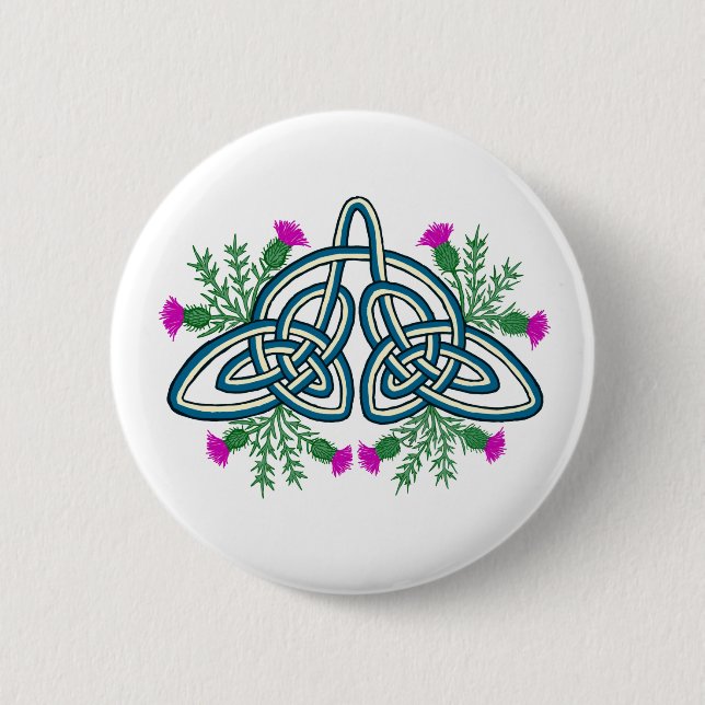 Badge Rond 5 Cm Green Celtic Knot with Purple Scottish Thistles (Devant)