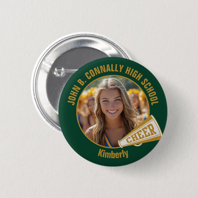 Badge Rond 5 Cm Green Gold Cheerleader Photo High School Spirit (Devant & derrière)