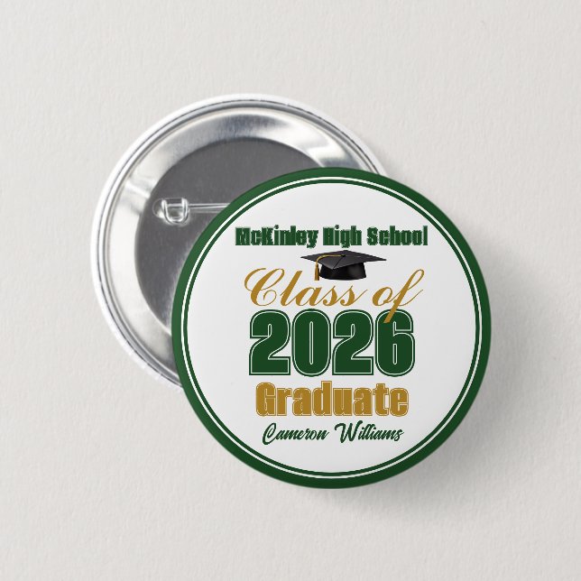 Badge Rond 5 Cm Green Gold Class of 2026 Graduation Keepsake (Devant & derrière)