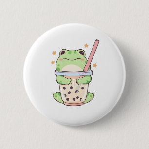 Badge Rond 5 Cm Grenouille Chibi Mignonne Enlaçant une Tasse de Th