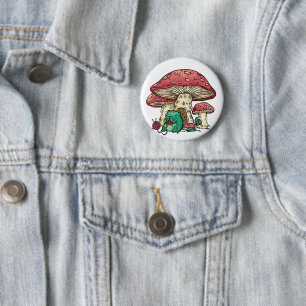 Badge Rond 5 Cm Grenouille Cottagecore avec maison champignon
