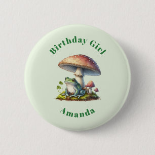 Badge Rond 5 Cm Grenouille fille d'anniversaire sous un champignon