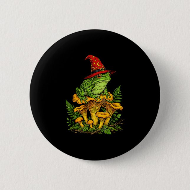 Badge Rond 5 Cm Grenouille sorcière assise sur des champignons hal (Devant)