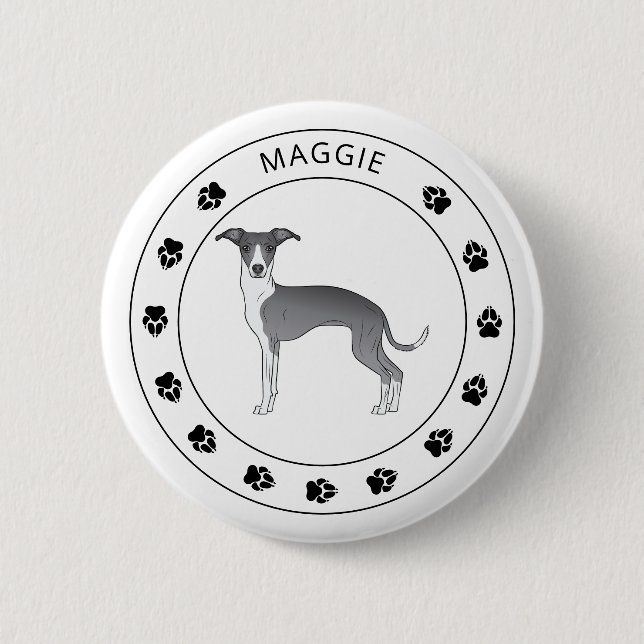 Badge Rond 5 Cm Greyhound Italien Bleu Et Blanc Avec Nom Et Paws (Devant)
