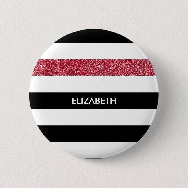 Badge Rond 5 Cm Grilles noires modernes FAUX Red Glitz et nom (Devant)