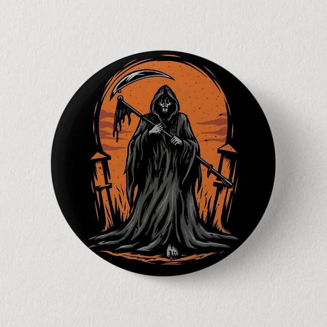 Badge Rond 5 Cm Grim Reaper Cartoon in Sunset Graveyard (Devant)