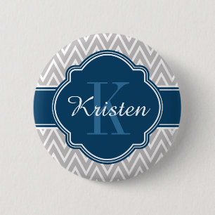 Badge Rond 5 Cm Gris Chevron Motif Monogramme bleu