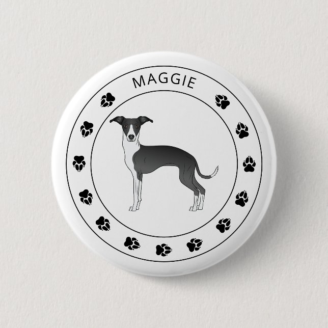 Badge Rond 5 Cm Gris Italien Noir Et Blanc Avec Nom Et Paws (Devant)