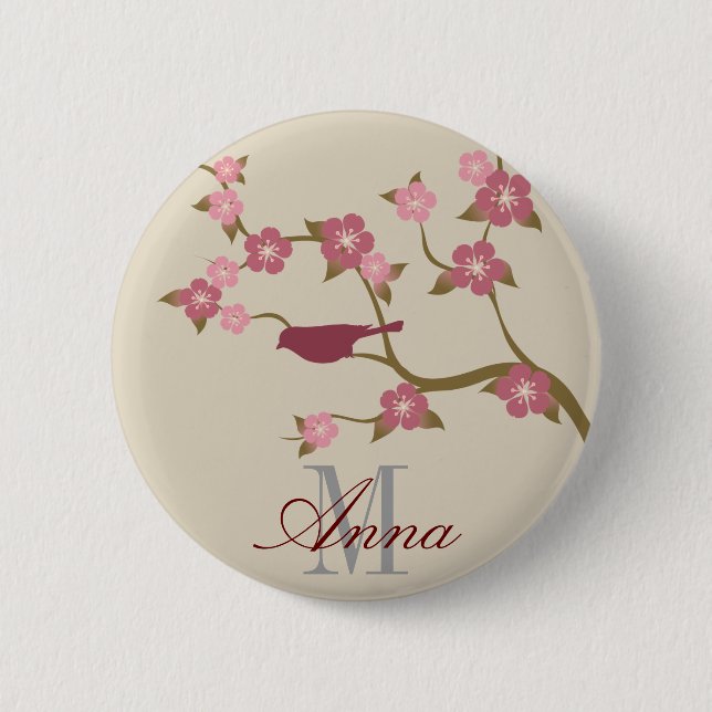 Badge Rond 5 Cm Gris nommé fait sur commande de bouton d'oiseau (Devant)