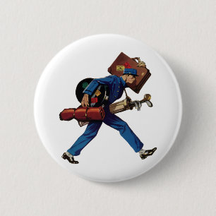 Badge Rond 5 Cm Groom d'époque en uniforme, valise et club de golf