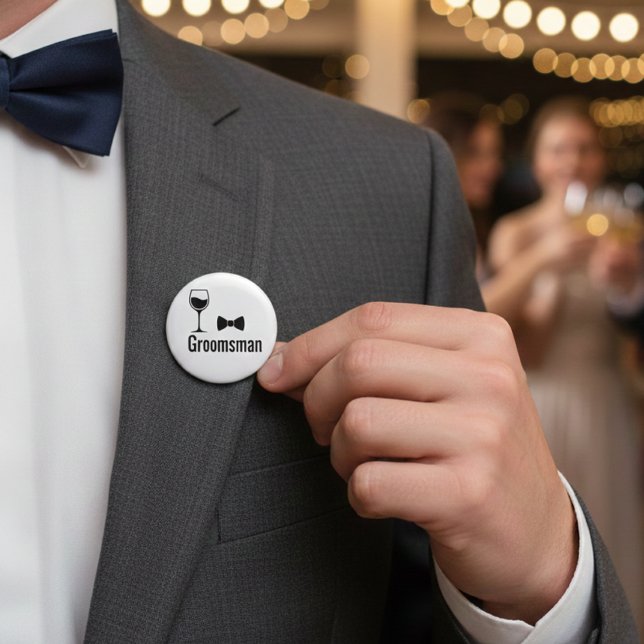Badge Rond 5 Cm Groomsman Wine Glass and Bow Tie Button Pin  (Créateur téléchargé)
