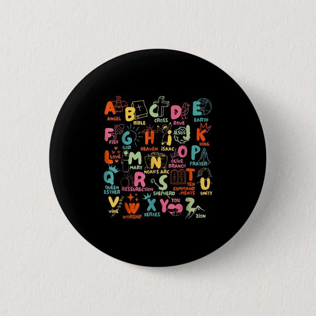 Badge Rond 5 Cm Groovy Biblical Alphabet Christian Teacher Student (Devant)