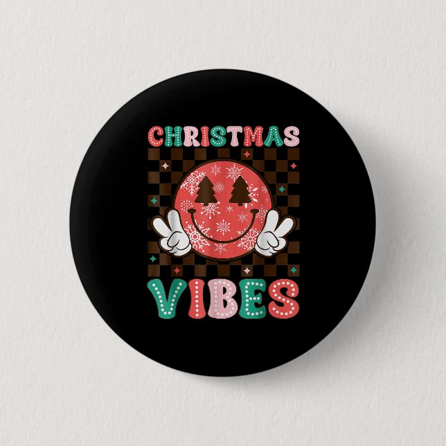 Badge Rond 5 Cm Groovy Christmas Vibes Happy Smile Face Xmas Holid (Devant)