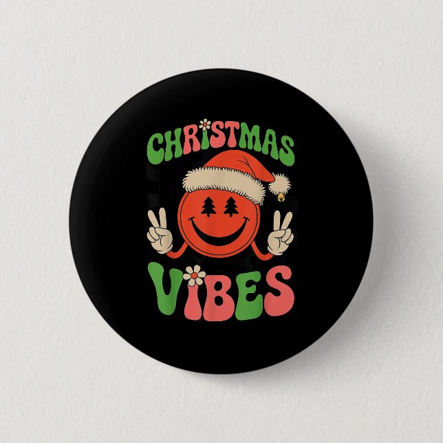 Badge Rond 5 Cm Groovy Christmas Vibes Smile Face Santa Hat Xmas T (Devant)