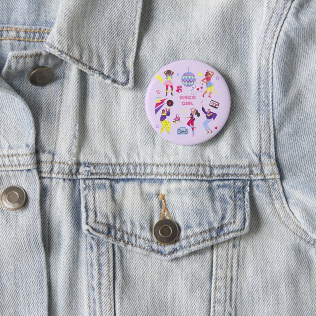 Badge Rond 5 Cm Groovy Roller Disco Lila Fête Millennial Rétro (En situation)