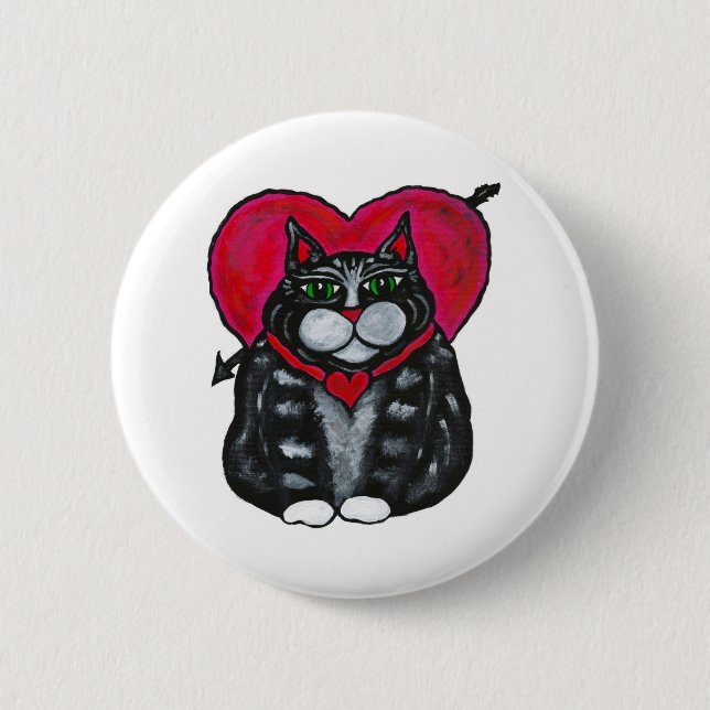Badge Rond 5 Cm Gros chat et bouton de Saint-Valentin de coeurs (Devant)