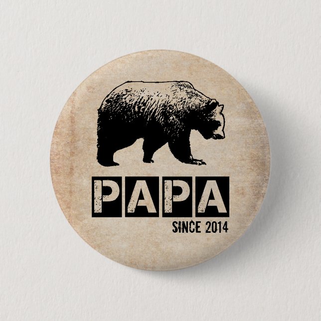 Badge Rond 5 Cm Grunge Papa Bear depuis 2014, Noir (Devant)