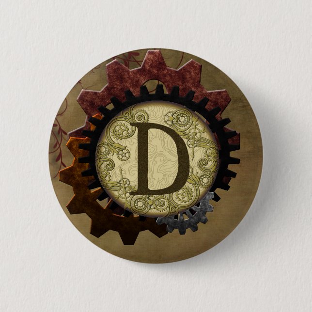 Badge Rond 5 Cm Grunge Steampunk Gears Monogramme Lettre D (Devant)