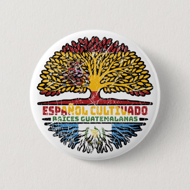 Badge Rond 5 Cm Guatémala, Espagne Drapeau des racines d'arbres es (Devant)