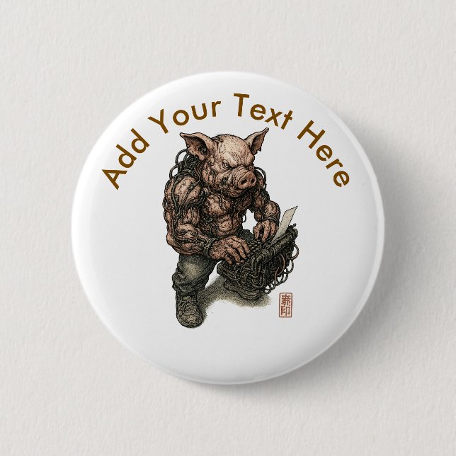 Badge Rond 5 Cm Guerrier de cochon mutant - Boucher Cyberpunk avec (Devant)