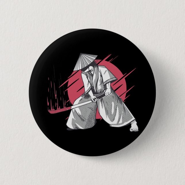 Badge Rond 5 Cm Guerrier Samouraï Frappant avec Katana (Devant)