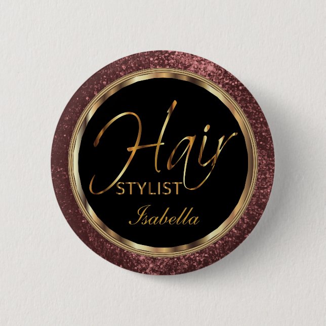 Badge Rond 5 Cm Hair Stylist Rose Glitter and Black (Devant)