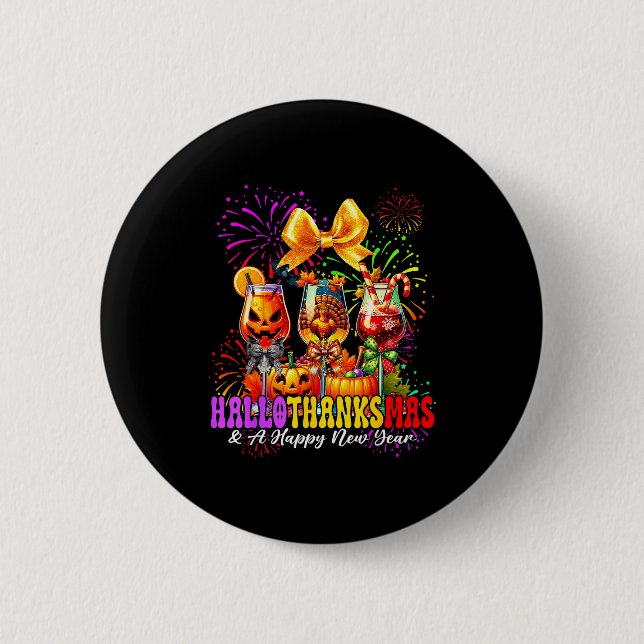 Badge Rond 5 Cm Hallothanksmas &amp; A Happy New Year Fireworks Wi (Devant)