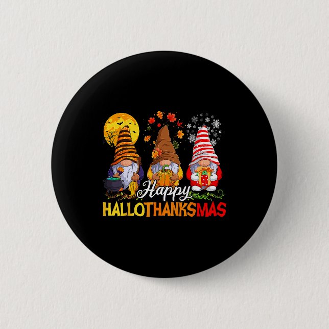 Badge Rond 5 Cm Hallothanksmas Gnomes Halloween Thanksgiving Joyeu (Devant)
