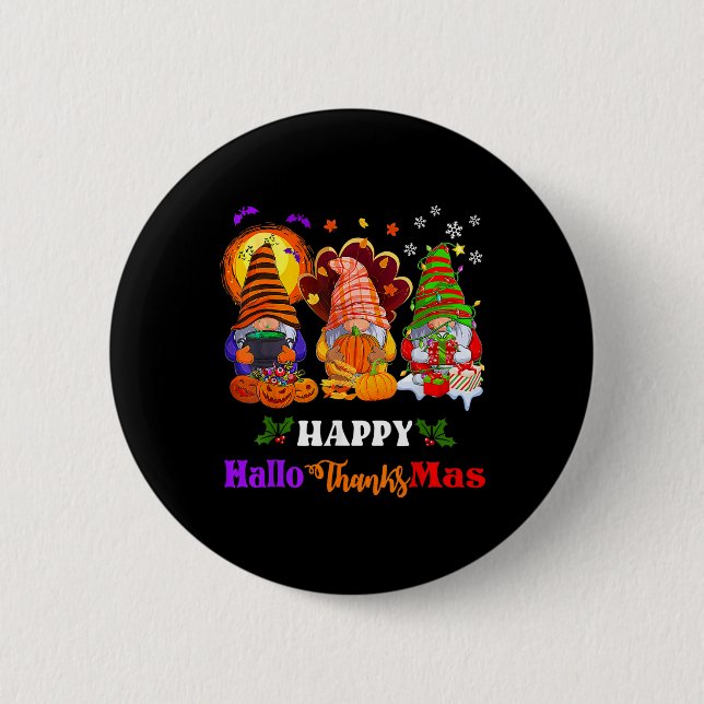 Badge Rond 5 Cm Hallothanksmas Gnomes Halloween Thanksgiving Joyeu (Devant)
